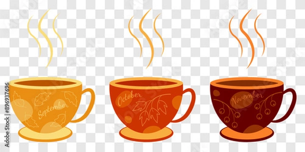 Fototapeta Set of cups with autumn design and inscription September, October, November, vector.