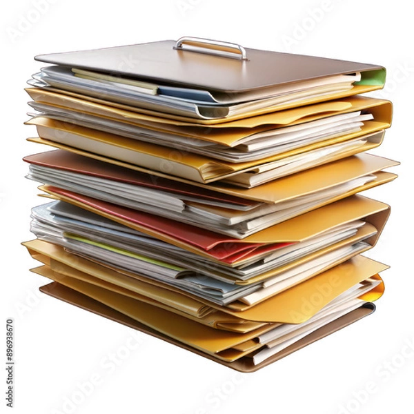 Fototapeta Stack of file folders with documents isolated on transparent background