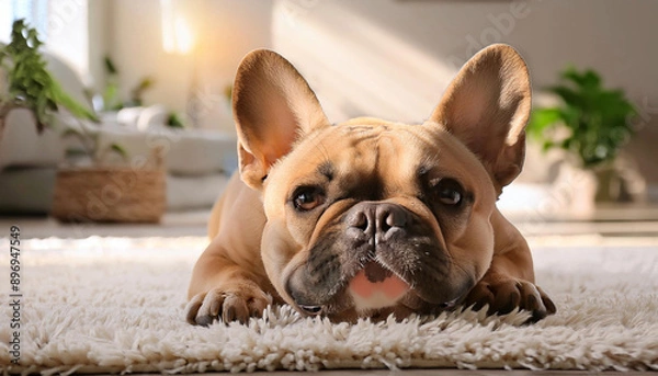 Obraz 행복하고 만족스러운 프렌치 불도그는 햇볕이 잘 드는 거실의 푹신한 흰색 카펫 위에 누워 있으며