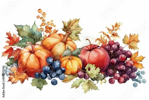 Fototapeta Watercolor illustration of autumn fruits, featuring pumpkins, apples, grapes, and colorful leaves for seasonal decoration.