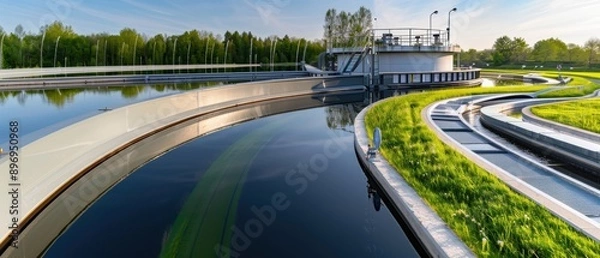 Fototapeta Modern Water Treatment Facility with Large-Scale Operations under Clear Sky Panorama