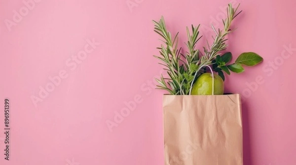 Fototapeta Healthy food delivery background with plant based items in paper bag on pink backdrop Eco friendly grocery shopping concept emphasizing clean eating Overhead view