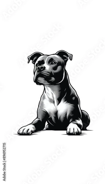 Obraz アメリカのアメリカン・スタッフォードシャー・テリアのモノトーン画像。力強く忠実で、家庭犬としても優れる。