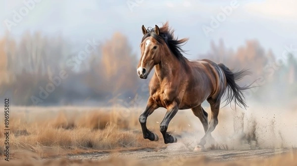 Fototapeta A majestic horse galloping across an open field.
