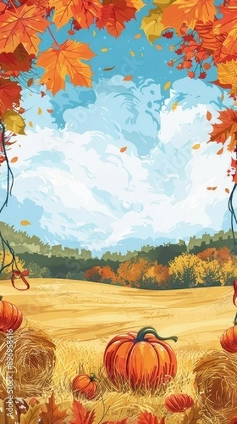 Fototapeta A vibrant advertisement layout for a hay ride harvest festival with an autumn theme, featuring a clean and editable template with a decorative border. The composition includes hay bales, pumpkins,