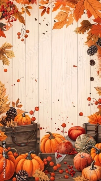 Fototapeta A harvest festival poster template with an autumn theme and a rustic decor focus, including a clean and empty composition with a decorative border of wooden crates, pumpkins, and seasonal produce.