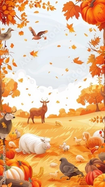 Fototapeta A harvest festival poster template with an autumn theme and a petting zoo focus, including a clean and empty composition with a decorative border of farm animals
