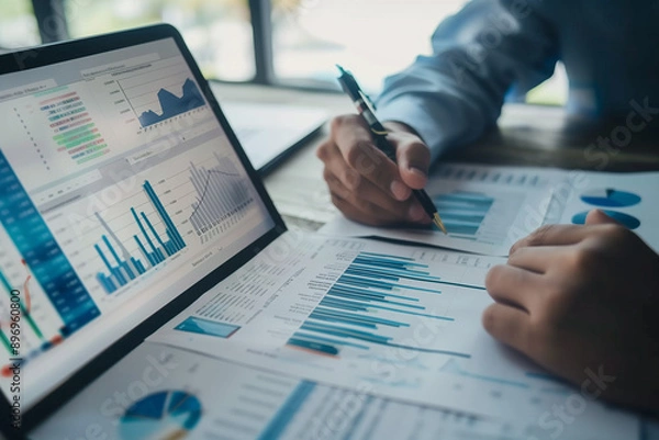 Fototapeta プレゼンテーションの資料の最終確認をするビジネスマン