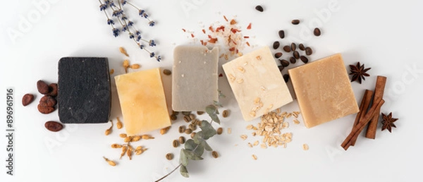 Fototapeta Set of different handcraft organic soap bars with natural ingredient