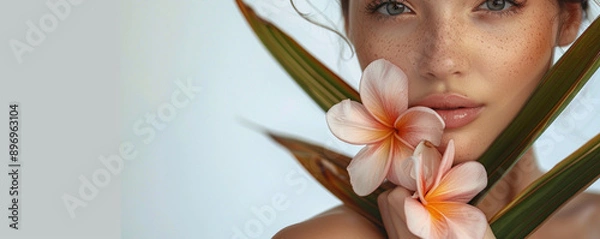 Fototapeta A close-up portrait of a beautiful woman with perfect, fresh skin, holding tropical flowers in the style of beauty and spa concept on a white background, a place for text.