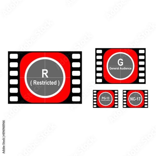 Obraz Film ribbons marked R, G, PG-13 and NC-17. Simple for web design and mobile UI. People's guidance, movies are sometimes not suitable for children. Age restrictions, censorship. Icons for content, movi