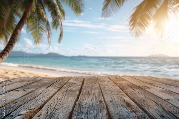 Obraz Beach themed product display on wooden table with sea background.