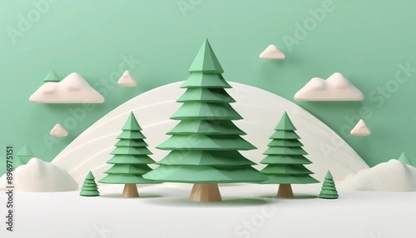 Fototapeta Pine tree in minimal style isolated on pure white background with snow festive concept. Decoration trees of merry Christmas. 3D rendering.