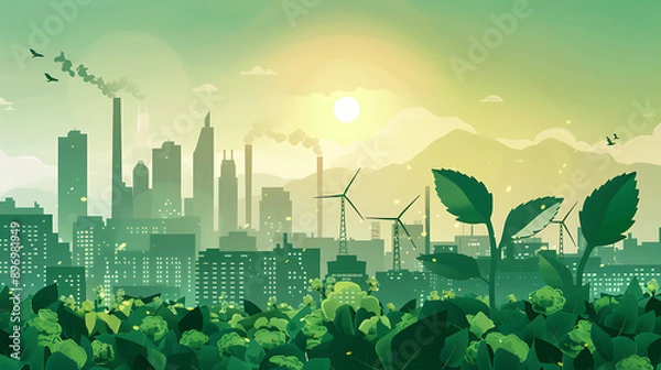 Fototapeta Illustration of a cityscape featuring factories emitting smoke and wind turbines, with green plants in the foreground.