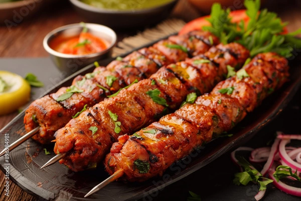 Obraz Grilled shish kebab, arabic kofta. Kofte kebab from mince lamb and beef meat on Skewer.
