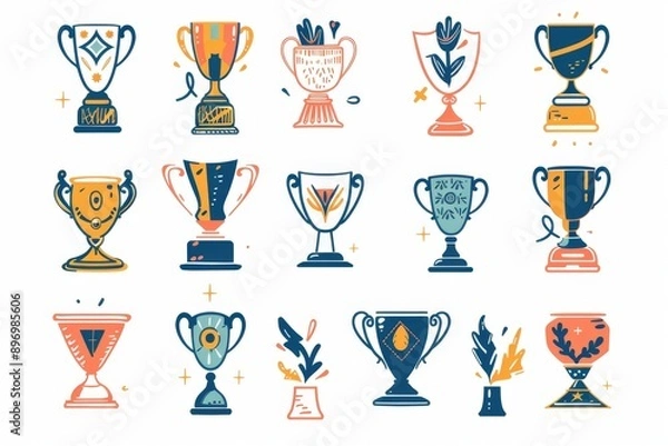 Fototapeta Trophy cups, golden goblet, silver reward, champion bowls. Contest winner award collection, prize cup