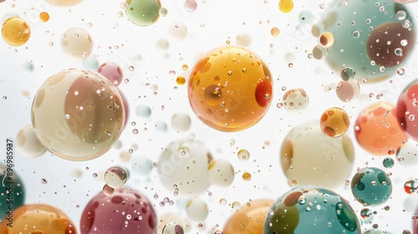 Obraz Oil bubbles on a white background, taken from a low angle with detailed features in a clean and sharp focus.