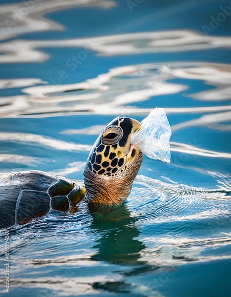 Fototapeta A sea turtle in the ocean with a plastic piece of garbage in its mouth. Concept of plastic pollution, highlighting the threat to marine life and the risk of extinction. Vertical image.