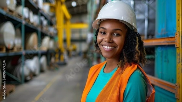 Fototapeta Confident Young Woman in Safety Attire Holding Digital Tablet in Industrial Setting, Conveying Competence and Positivity
