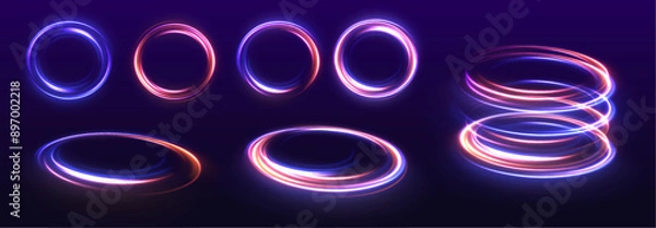 Fototapeta Energy flow tunnel. Blue portal, platform. Night road speed illustration. Rounded neon line with light effect. 