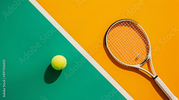 Fototapeta Tennis racket and ball on a colorful court