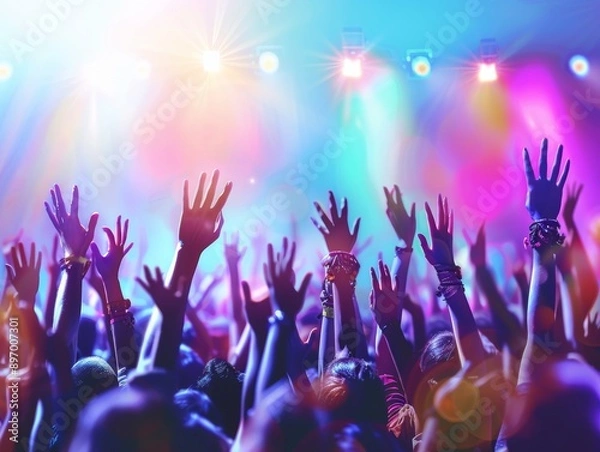 Fototapeta Energized Pop Music Concert Crowd With Hands in the Air