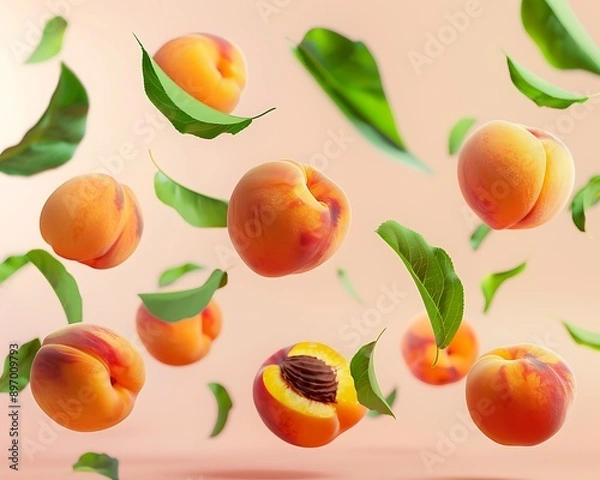 Fototapeta Peaches and green leaves floating in mid-air against a clear, isolated background. The rich orange color and juicy texture of the fruit are highlighted in ultra-high-definition.