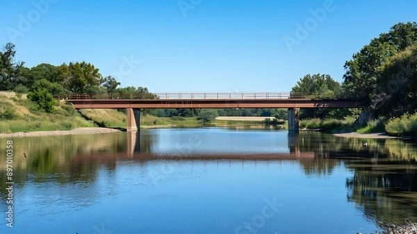 Fototapeta A Red Bridge Crossing a Calm River on a Sunny Day