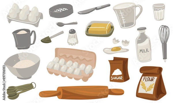 Fototapeta Set of necessary ingredients and baking tools. Paper bag with flour, bag of sugar, piece of butter, measuring cup, chicken eggs, salt shaker, whisk, bag of milk, wooden rolling pin and more.