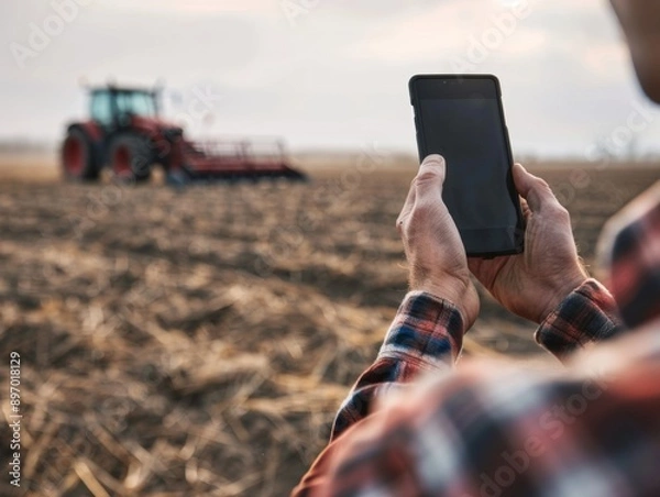Fototapeta Modern farmer holding phone on the field, blurred tractor in the background