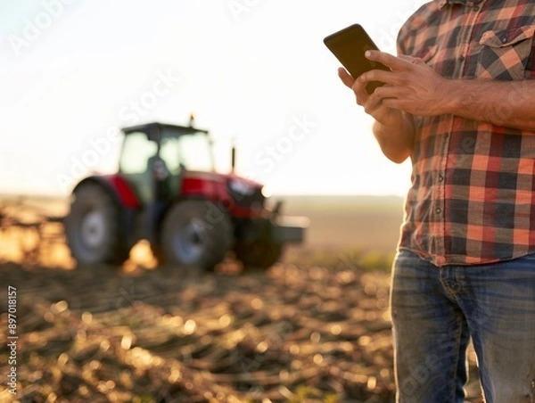 Fototapeta Modern farmer holding phone on the field, blurred tractor in the background