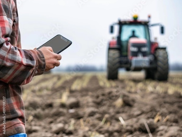 Fototapeta Modern farmer holding phone on the field, blurred tractor in the background