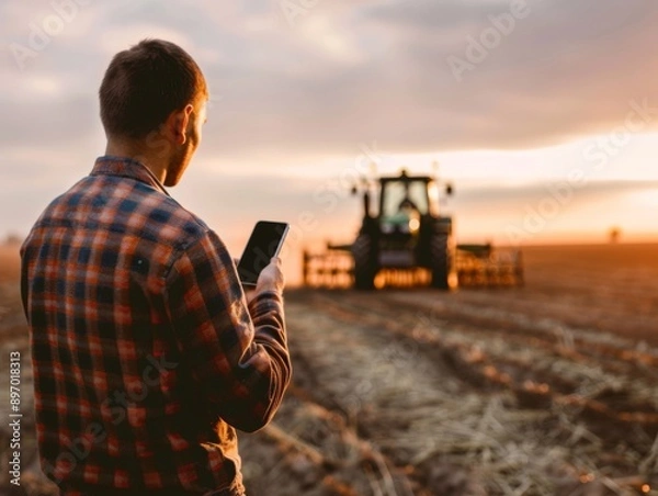 Fototapeta Modern farmer holding phone on the field, blurred tractor in the background