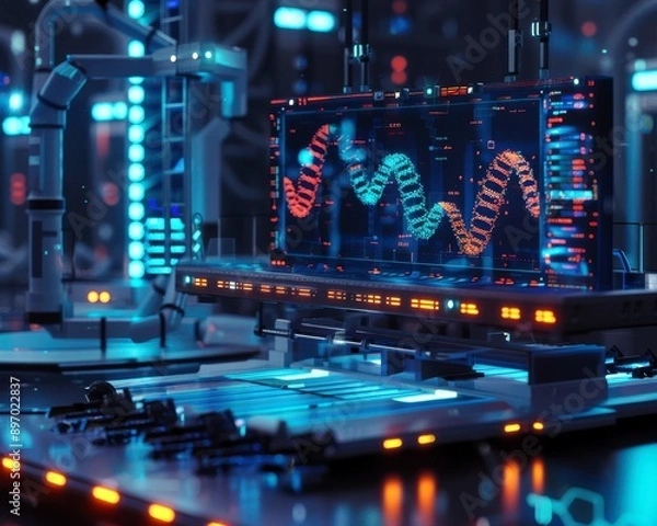 Obraz Futuristic laboratory with advanced technology displaying DNA sequences on a digital screen, illuminated by vibrant blue lights.