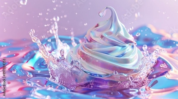 Fototapeta Digital Holographic Plate with Melting Ice Cream - Futuristic and Colorful Dessert Concept