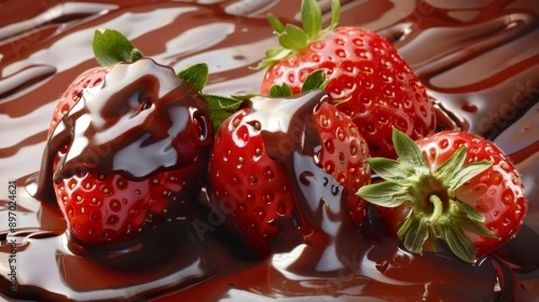 Obraz Tempting Melting Chocolate on Strawberries - Vibrant and Mouth-Watering Delicacy with Realistic Details