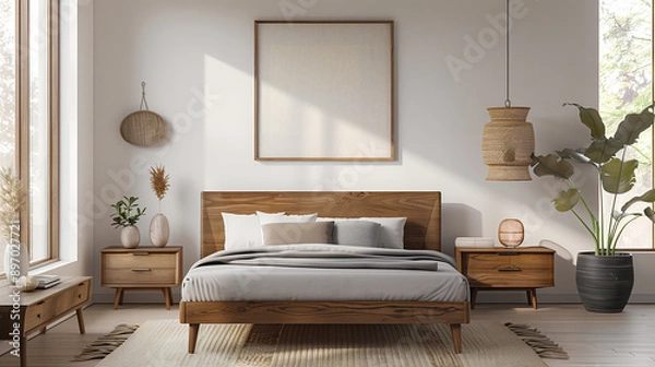 Obraz home wall art mock up, modern living room interior, minimalist bedroom mock up, house background canvas wall decor, single blank painting mockup