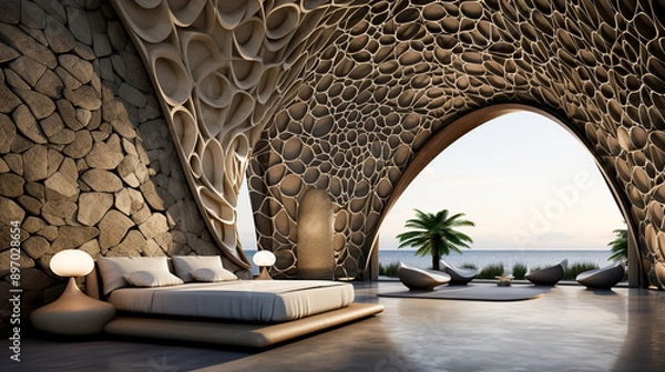 Obraz Futuristic interior design of modern bedroom with sea view