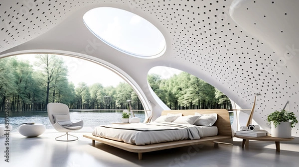 Obraz Futuristic interior design of modern bedroom with forest view