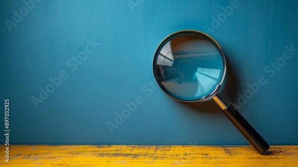 Fototapeta Magnifying glass focusing on a terminology word on yellow background with copy space