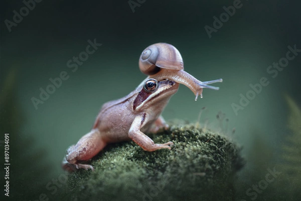 Obraz Funny animals. Fantasy beautiful magical fairy meadow with frog and snail. In a magical fairy-tale enchanted forest, a funny plot, a snail sits on the head of a frog.