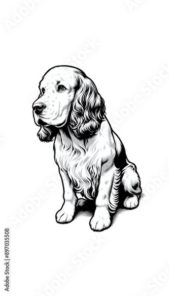 Obraz イギリスのクランバー・スパニエルのモノトーン画像。重厚で穏やか、狩猟犬として優れる。
