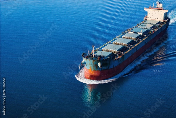 Fototapeta Bulk carrier or bulker underway in sea, ship for unpackaged bulk dry cargo