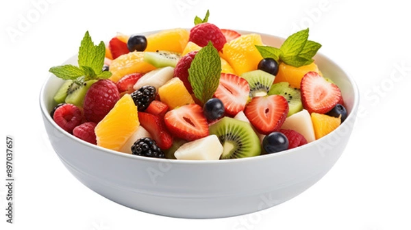 Fototapeta Fresh mixed fruit salad in a bowl isolated on white background