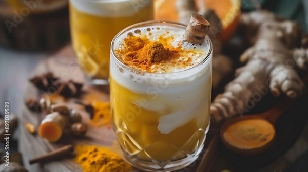 Fototapeta Healthy drink made from turmeric roots exotic spices with milk and honey