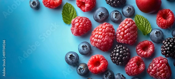 Fototapeta Fresh Berry Mix on Blue Background: A vibrant and tempting spread of fresh raspberries, blueberries, and blackberries arranged on a blue background, with mint leaves adding a touch of freshness