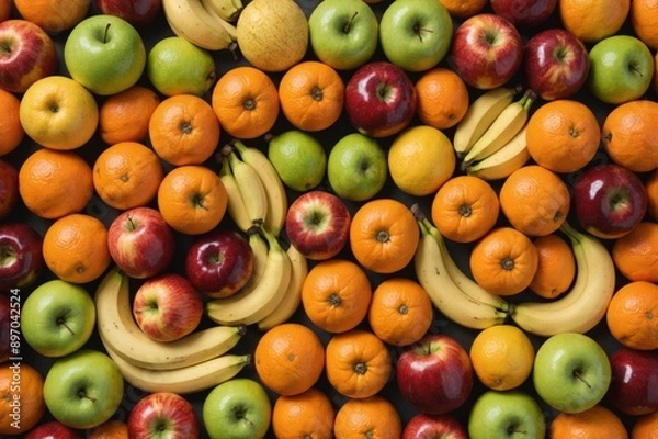Fototapeta Top view of a fruit composition made of apples, bananas and tangerines