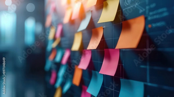 Obraz Structured project management board with colorful sticky notes, vibrant and dynamic, efficient organization, copy space.