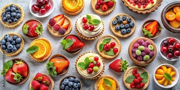 Fototapeta A flat lay photo featuring a colorful array of fruity desserts , fruit, dessert, flat lay, food photography, sweets, vibrant
