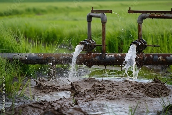 Fototapeta An irrigation system in a rice field uses rusty pipes to supply flowing water for the crops